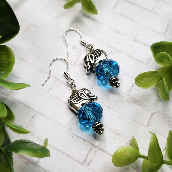 Hand Crafted Jewelry - Silver Elephant Earrings Sparkly Blue Faceted Glass Beads